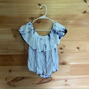 tie-dye white and navy off-the-shoulder blouse